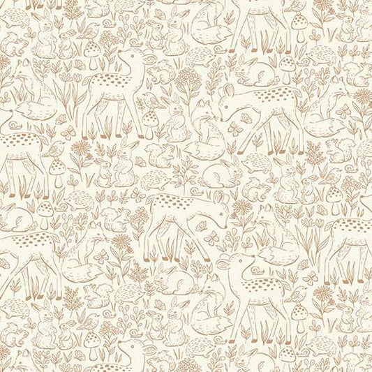 Pattern of forest animals and plants on a beige background
