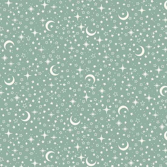 Pattern of stars and crescent moons on a green background
