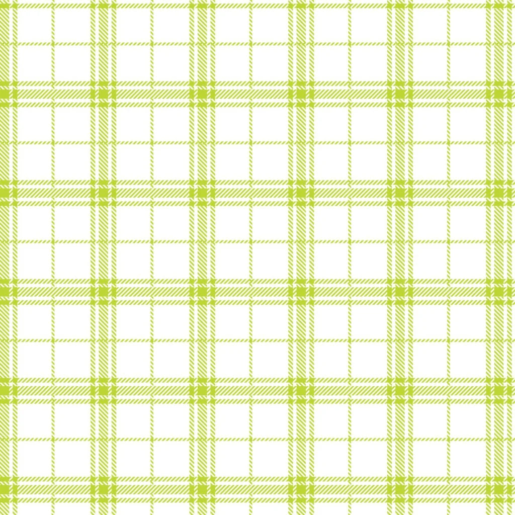 Lime green plaid print on white fabric.