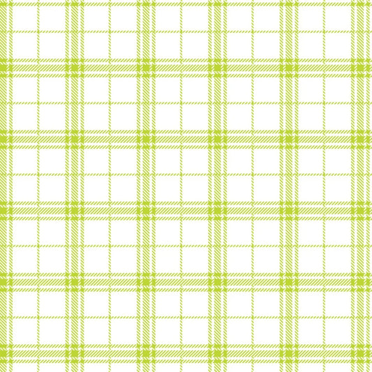 Lime green plaid print on white fabric.