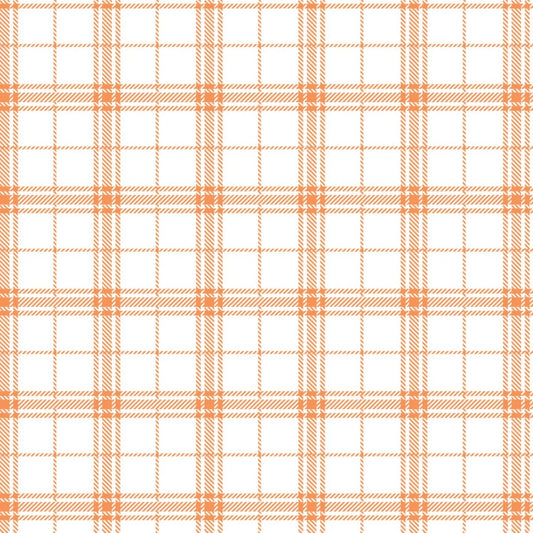 Orange plaid print on white.
