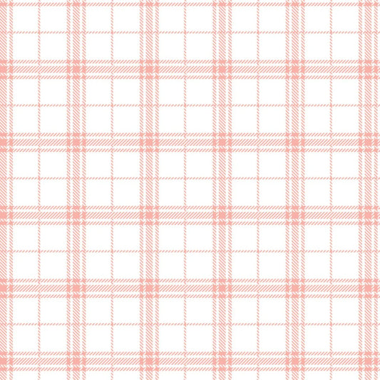 Light pink plaid print on white fabric.