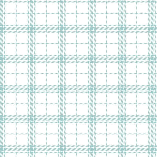 Light blue plaid print on white fabric.