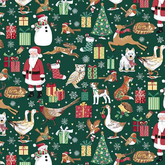 Christmas-themed pattern with Santa Claus, reindeer, dogs, and other festive elements on a green background.