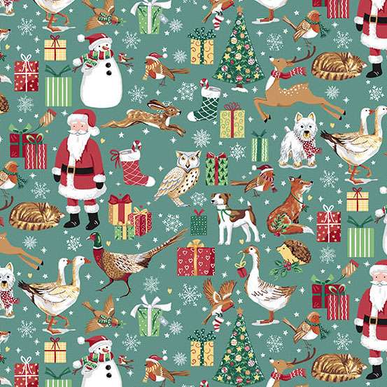 Christmas-themed pattern with Santa Claus, reindeer, dogs, and other festive elements on a teal background.