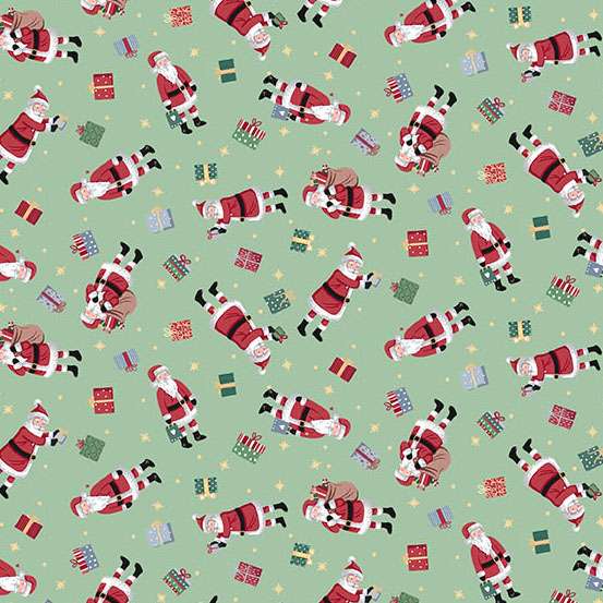 Pattern of Santa Claus and presents on a green background