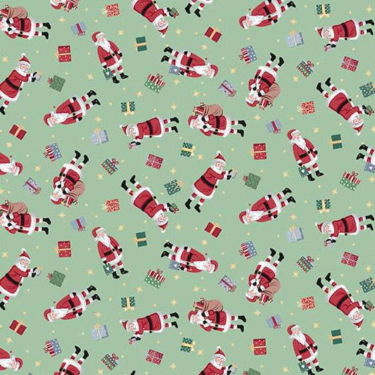 Pattern of Santa Claus and presents on a green background