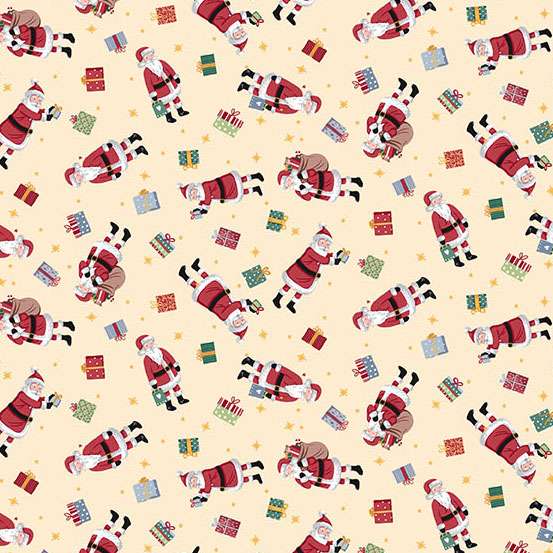 Pattern of Santa Claus and presents on a cream background