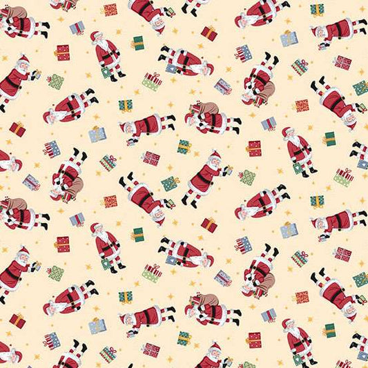 Pattern of Santa Claus and presents on a cream background