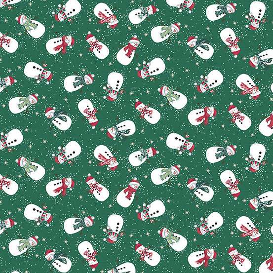 Pattern of snowmen with scarves and hats on a green background