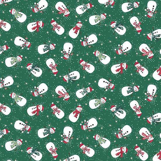 Pattern of snowmen with scarves and hats on a green background