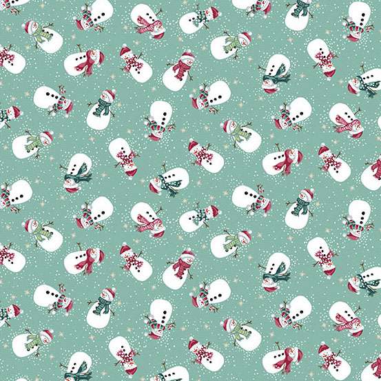 Pattern of snowmen with scarves and hats on a teal background