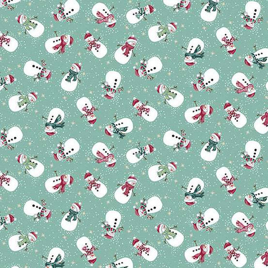 Pattern of snowmen with scarves and hats on a teal background