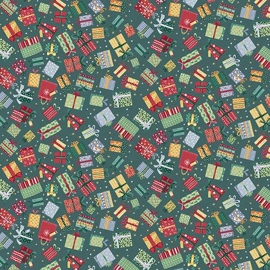 Pattern of colorful Christmas presents on a green background