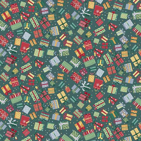 Pattern of colorful Christmas presents on a green background