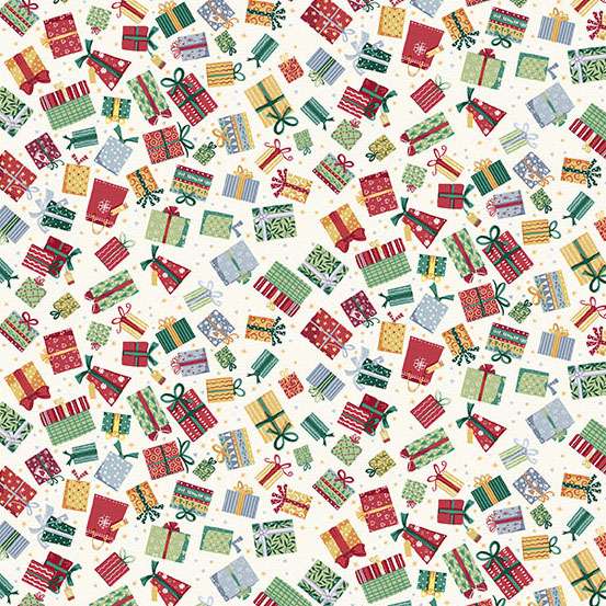 Pattern of colorful Christmas presents on a white background