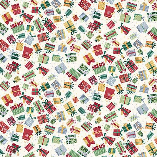 Pattern of colorful Christmas presents on a white background