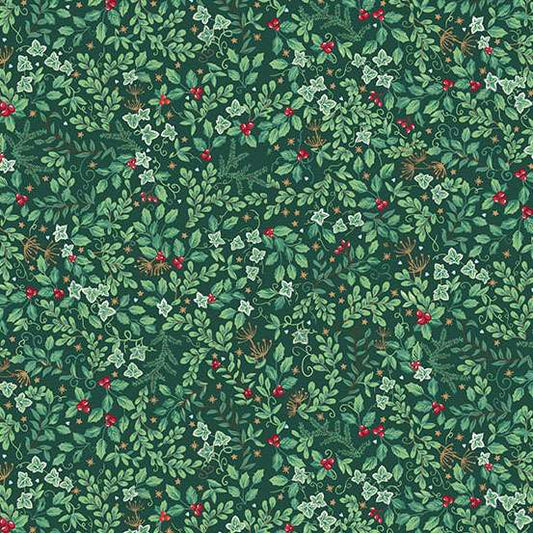 Christmas-themed pattern with holly leaves and berries on a green background