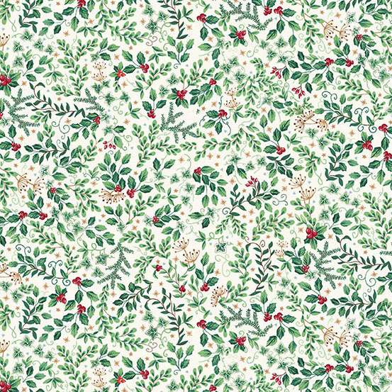 Christmas-themed pattern with green leaves, red berries, and gold accents on a white background.