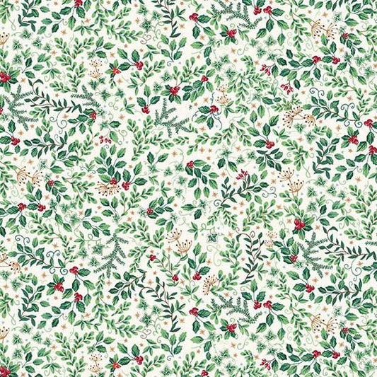 Christmas-themed pattern with green leaves, red berries, and gold accents on a white background.
