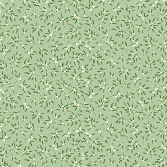 Pattern of green leaves and white flowers on a light green background