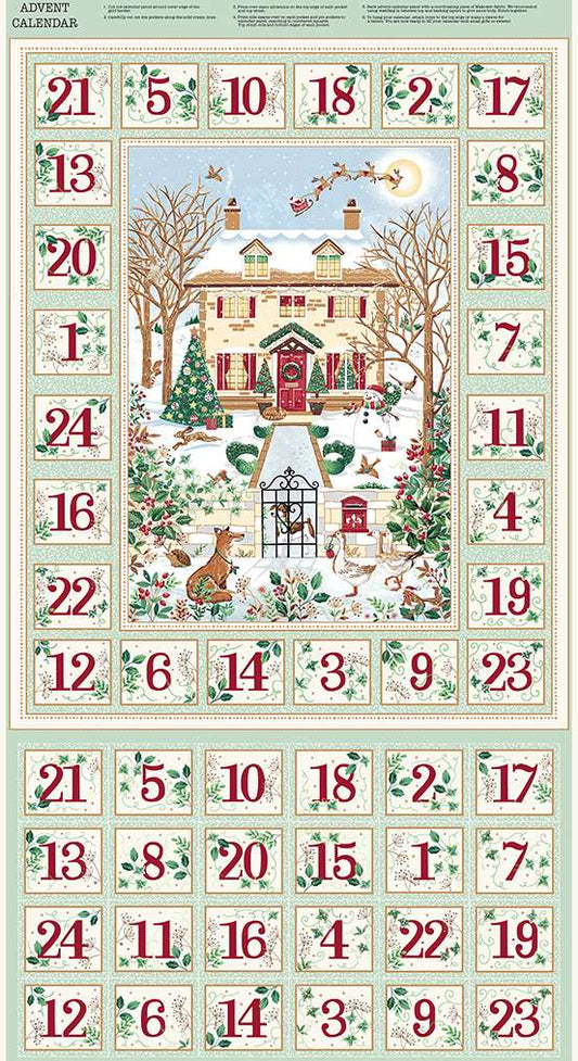 Advent calendar fabric panel with a festive winter scene and numbered days.