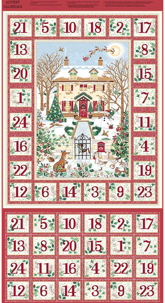 Advent calendar fabric panel with a festive house and winter scene design.