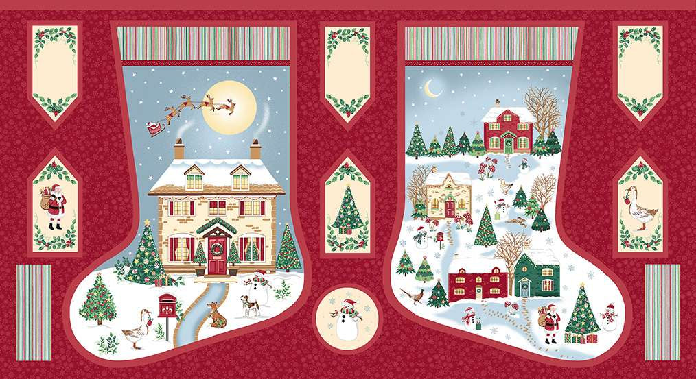 Christmas-themed stocking fabric panel with winter village scene, Santa Claus, and festive elements on a red background.