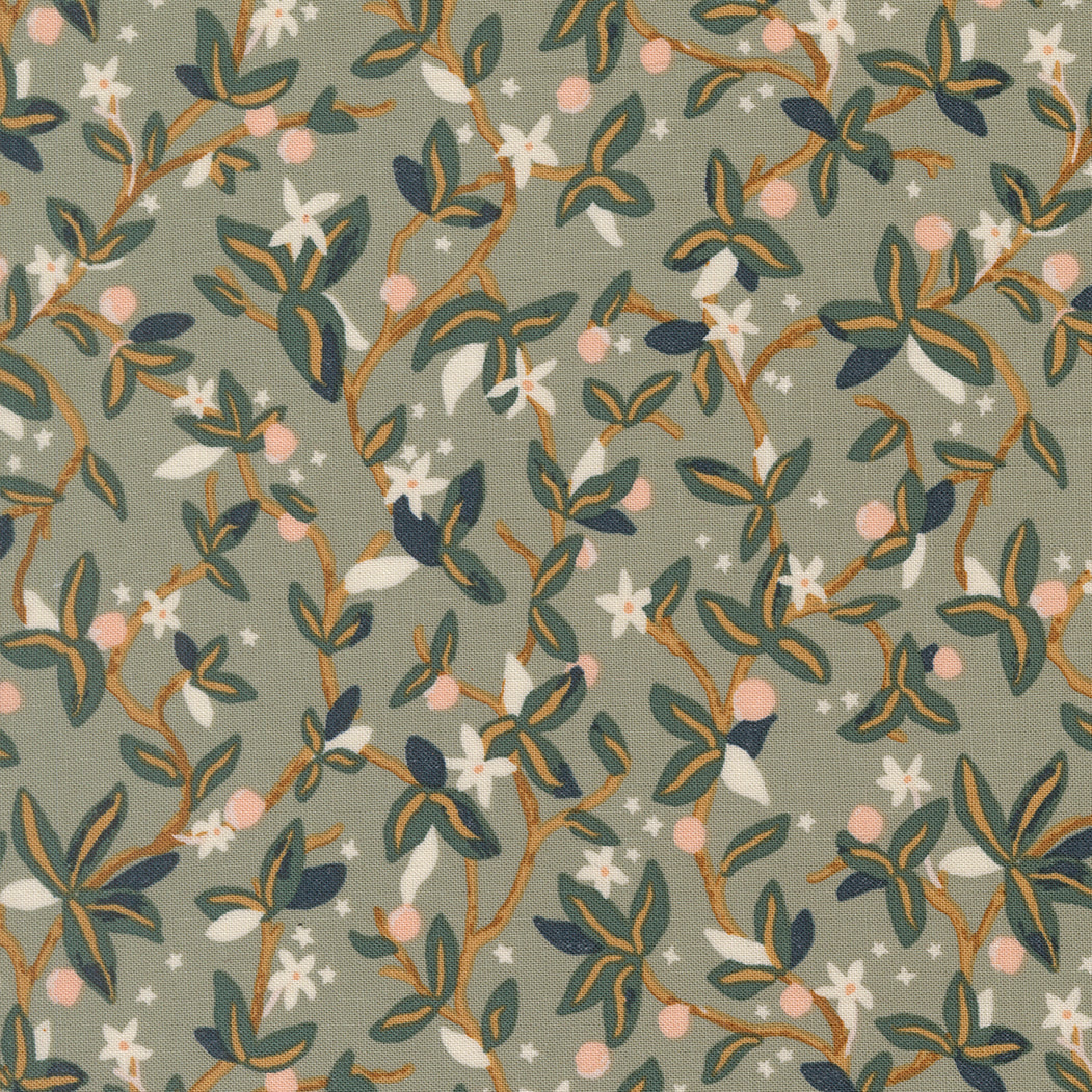 Floral pattern with leaves and flowers on a green background