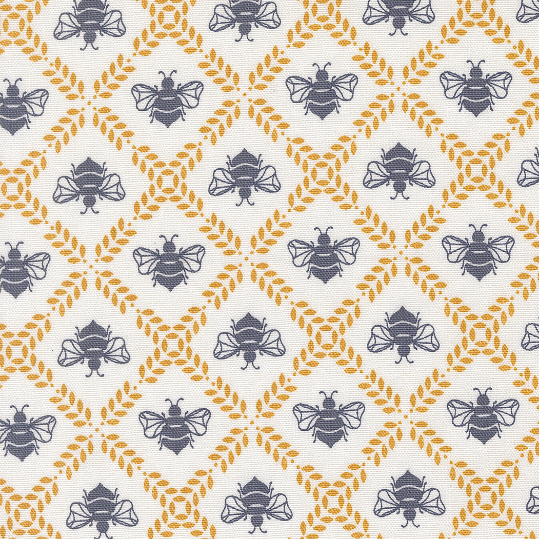 Pattern of bees and geometric shapes on a white background