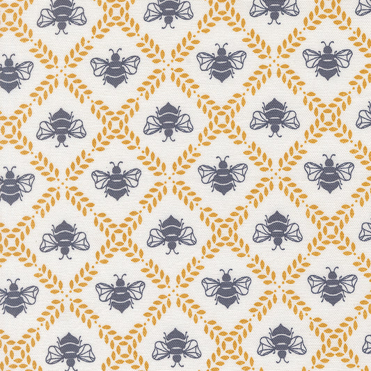 Pattern of bees and geometric shapes on a white background