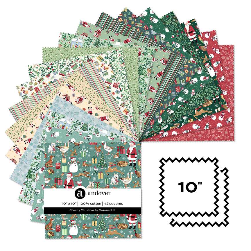 Collection of Christmas-themed fabric squares with 'Andover' branding on a white background.