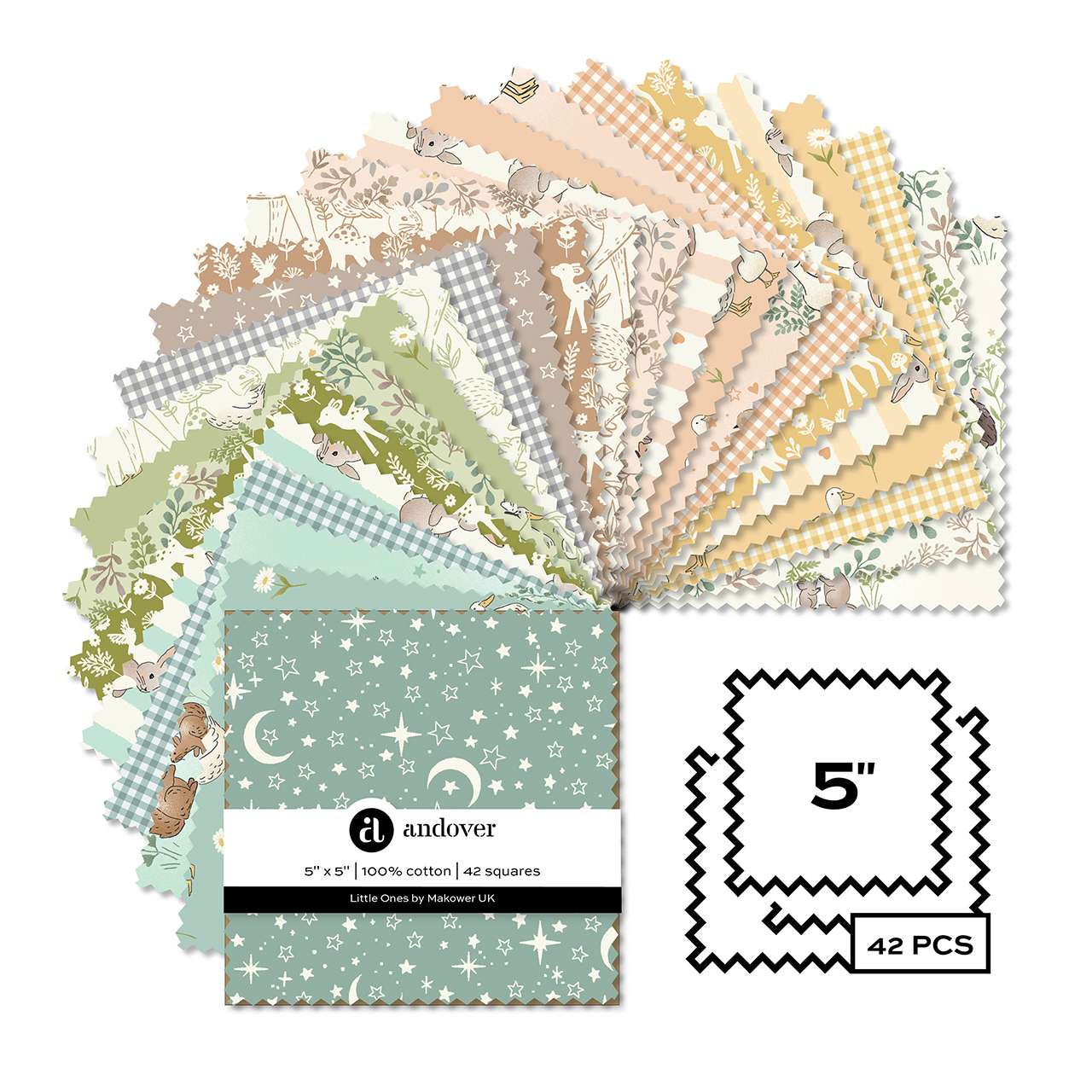 Collection of patterned fabric squares with Andover label and size indicator.