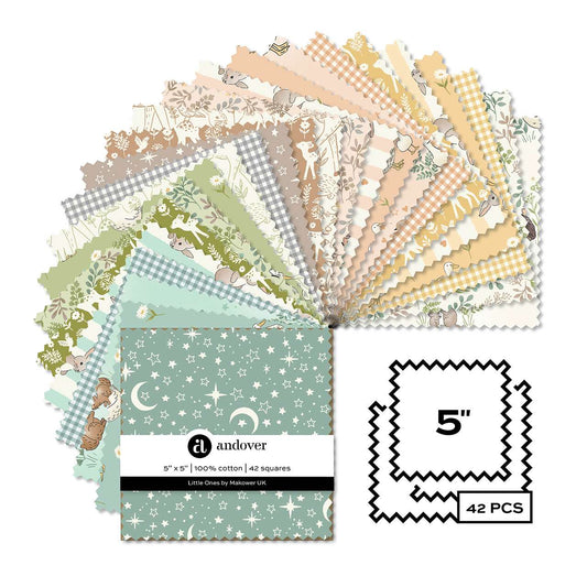 Collection of patterned fabric squares with Andover label and size indicator.