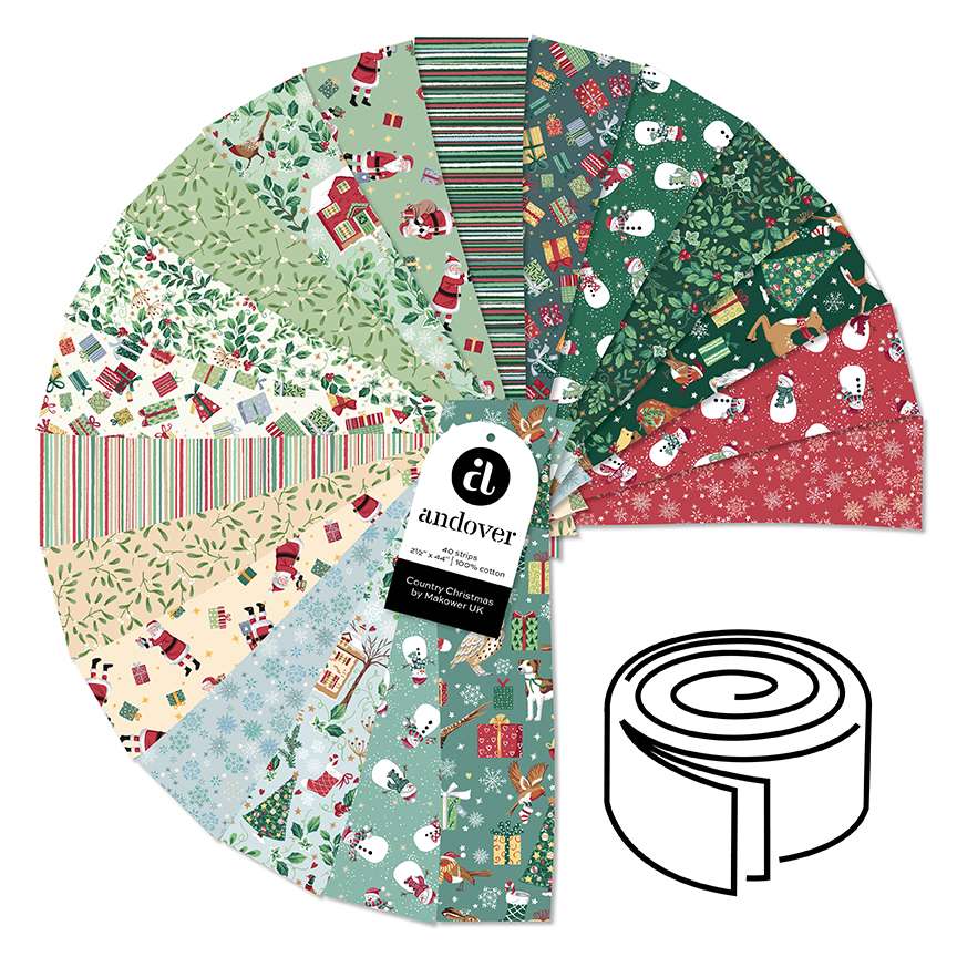 Collection of festive fabric swatches with Christmas patterns and Andover label.