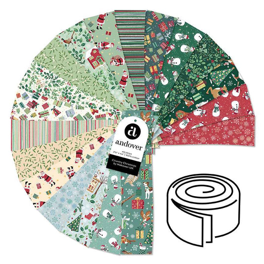 Collection of festive fabric swatches with Christmas patterns and Andover label.