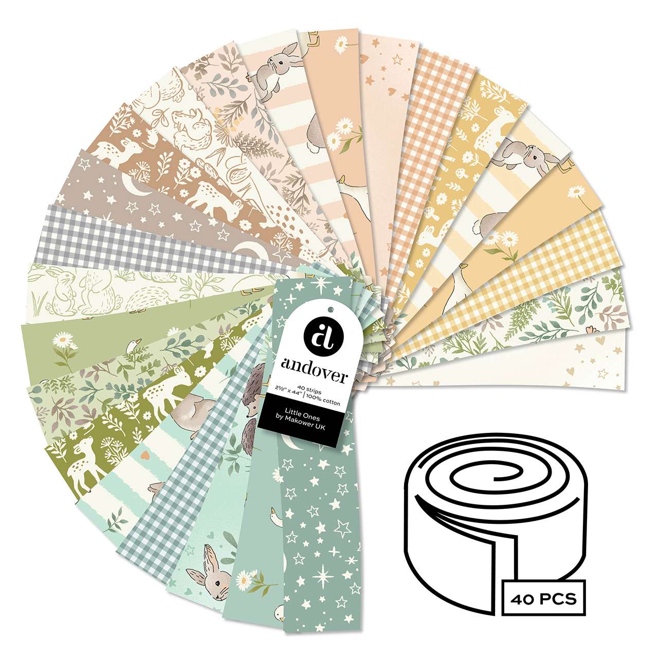 Set of patterned fabric swatches with 'andover' branding on a white background