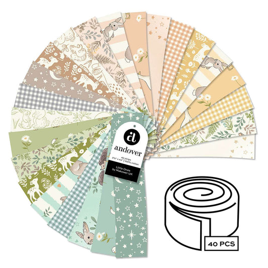 Set of patterned fabric swatches with 'andover' branding on a white background