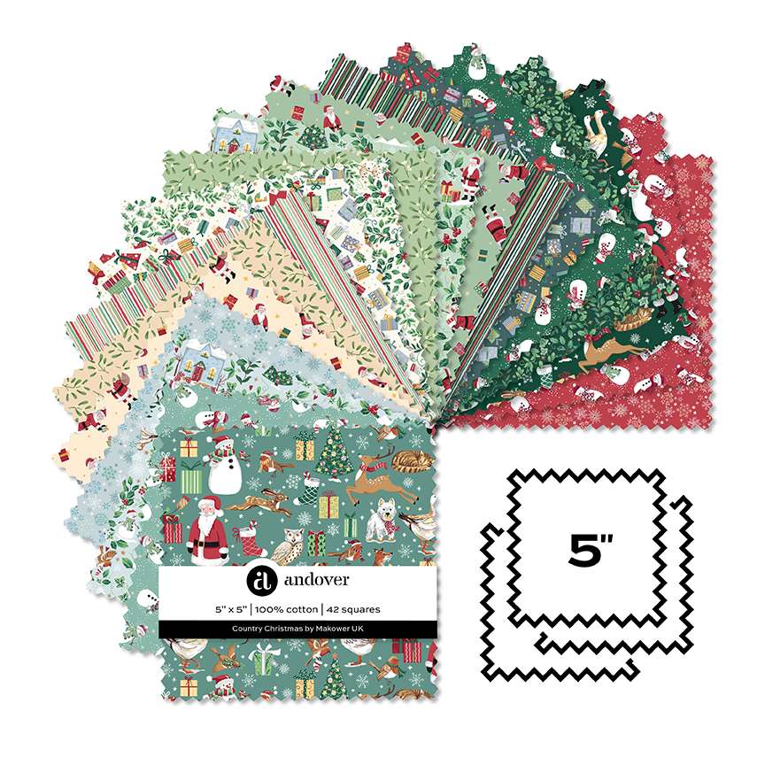 Collection of Christmas-themed fabric squares with a 'andover' label, 5-inch size.