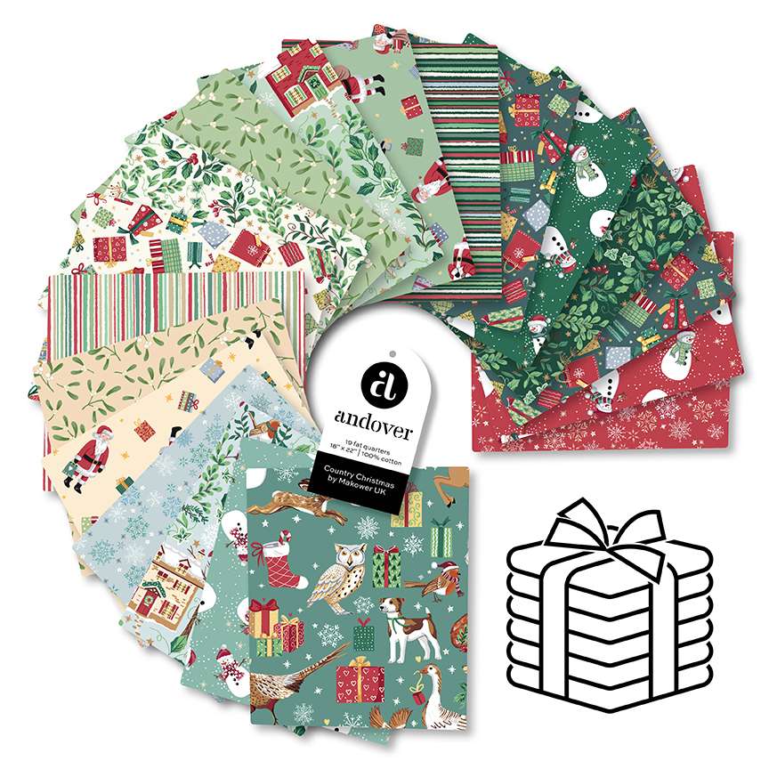 Collection of festive fabric squares with Christmas patterns, featuring the Andover brand.