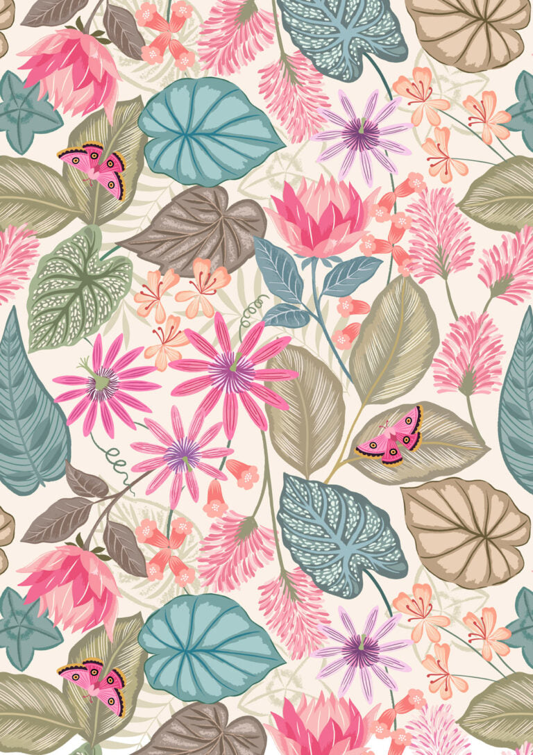 Floral and leaf pattern with pink flowers and green leaves on a light background