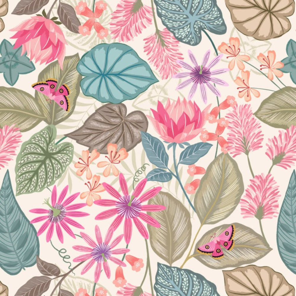 Colorful floral and leaf pattern with butterflies on a light background