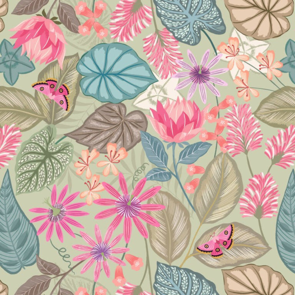 Colorful floral and leaf pattern with butterflies on a light green background