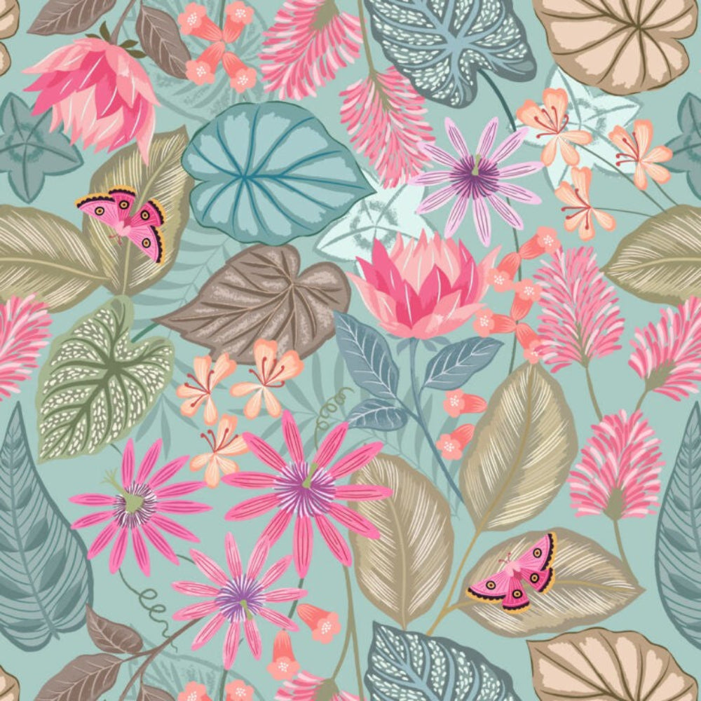 Colorful floral and leaf pattern on a teal background