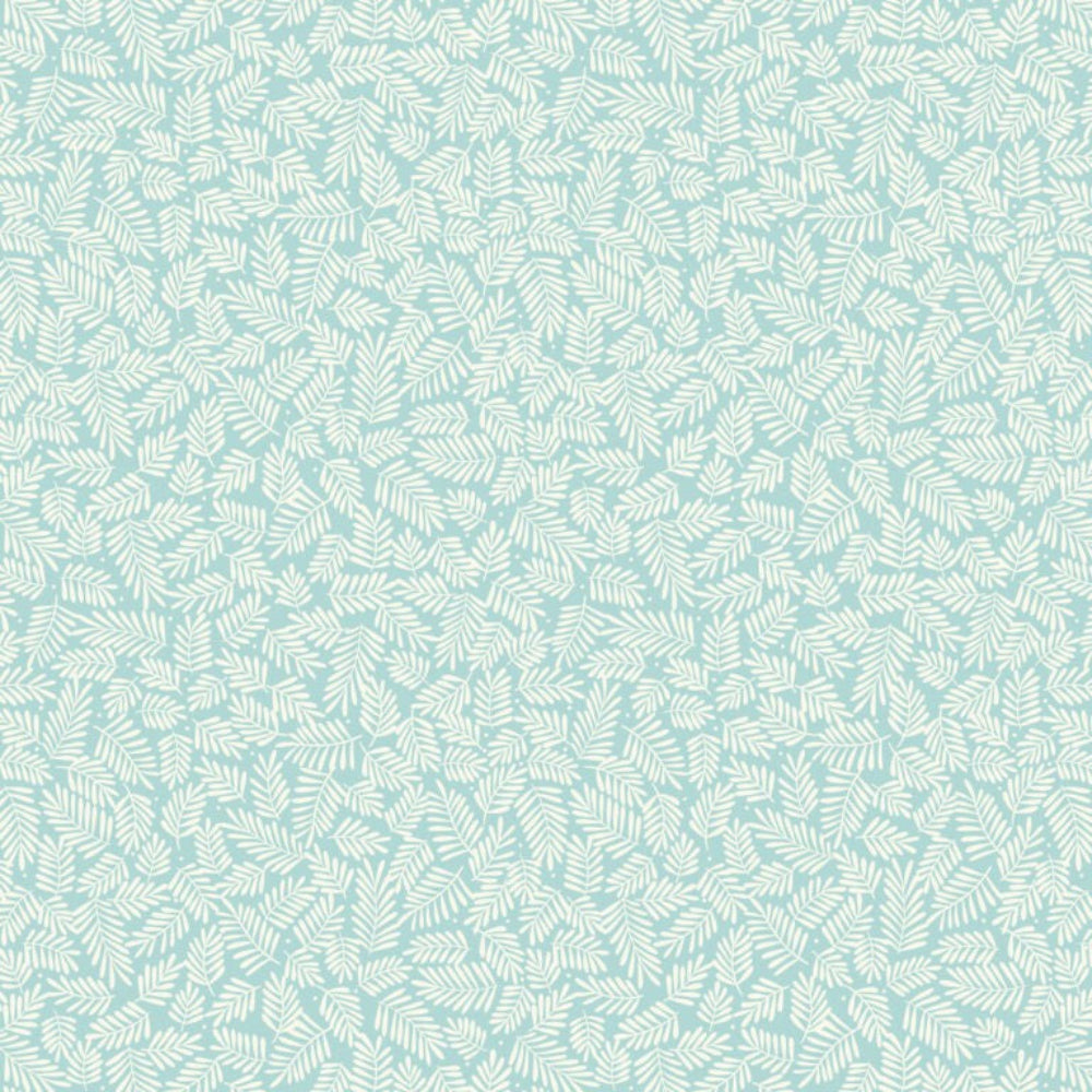 Pattern of white leaves on a light blue background