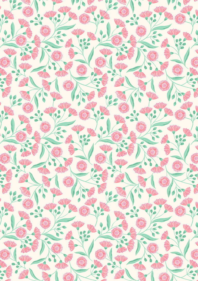 Pattern of pink flowers and green leaves on a white background
