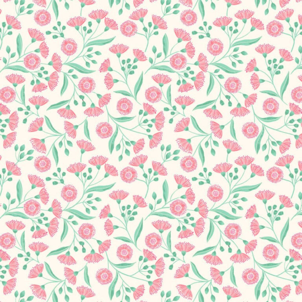 Pattern of pink flowers and green leaves on a white background