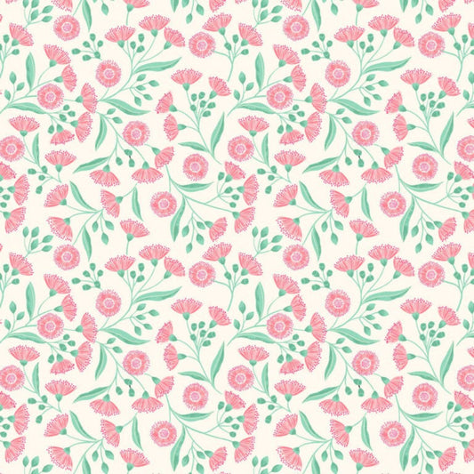 Pattern of pink flowers and green leaves on a white background