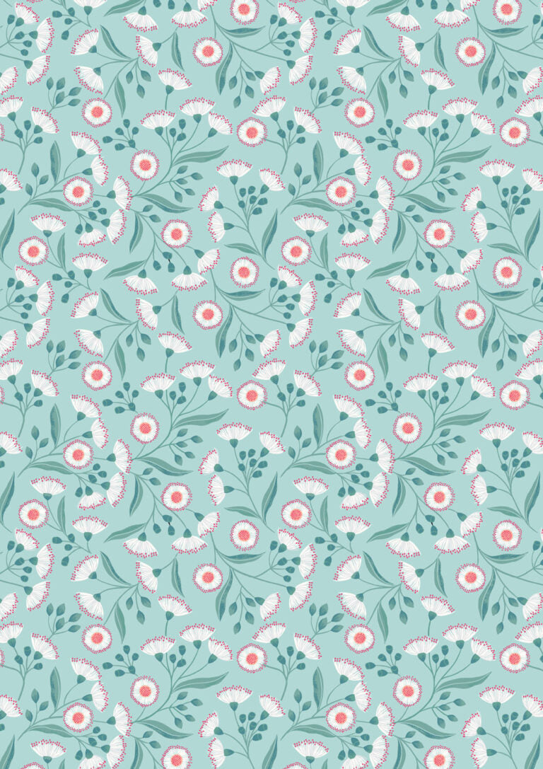 Floral pattern with small flowers and leaves on a light blue background
