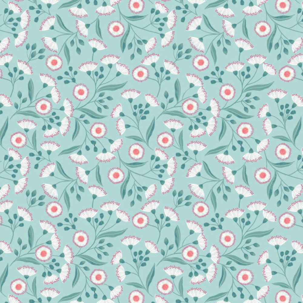 Floral pattern with pink and white flowers on a teal background